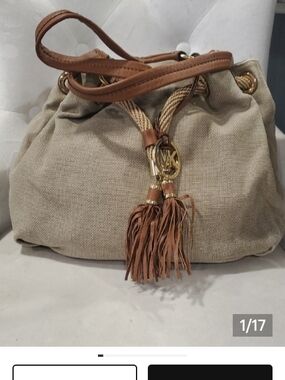 Michael Kors Beige Canvas Drawstring Shoulder Bag with Tassels